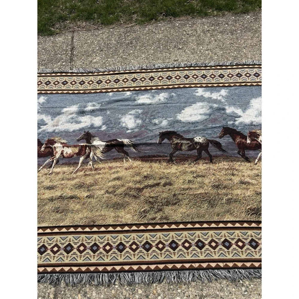 Vintage 90s C. Cummings Horses Fringe Throw Tapestry Blanket 13 FEET X 64 Inches
